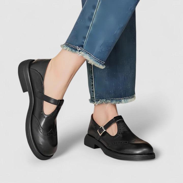 Clara | Women's Brogue Detail T-Strap Leather Shoes