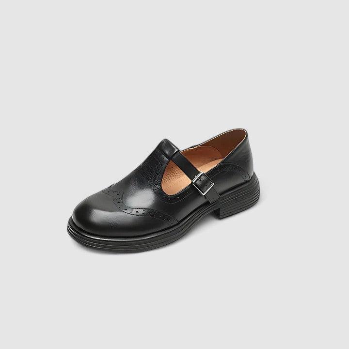 Clara | Women's Brogue Detail T-Strap Leather Shoes