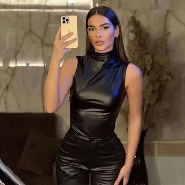 Women's Mock Neck Sleeveless Ruched Faux Leather Top