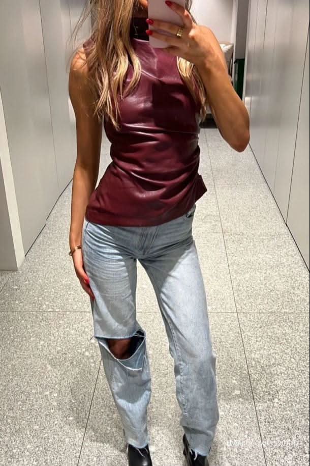 Women's Mock Neck Sleeveless Ruched Faux Leather Top