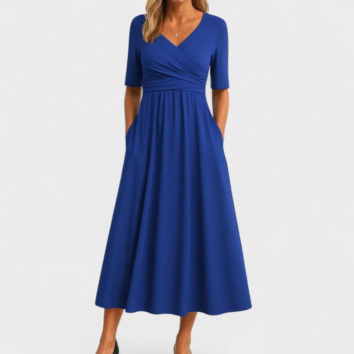 Women's Wedding Guest V Neck Elbow Sleeve Midi Dress