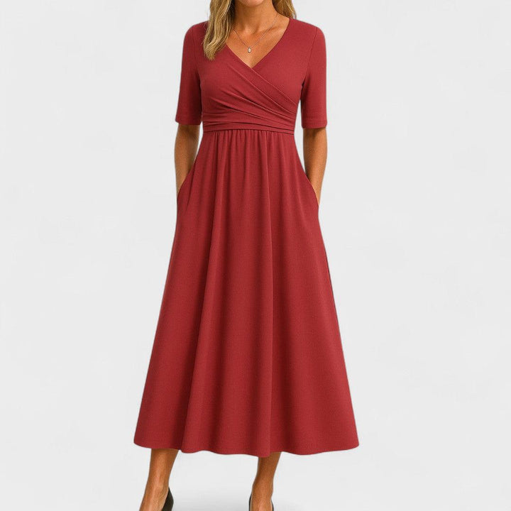 Women's Wedding Guest V Neck Elbow Sleeve Midi Dress