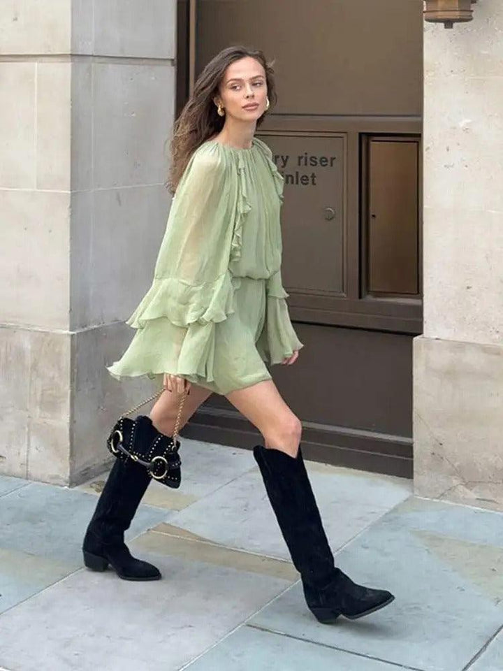 Women's Summer Long Sleeve Ruffle Mini Dress Round Neck