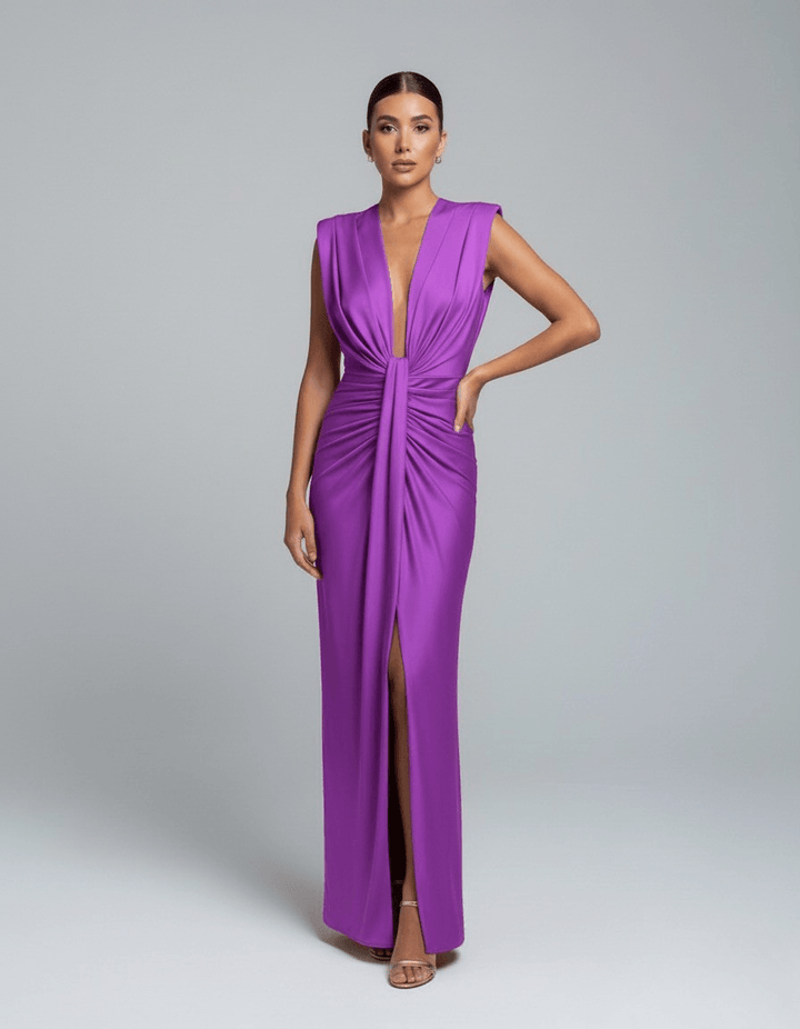 Women's Wedding Guest Sleeveless Plunging Maxi Dress