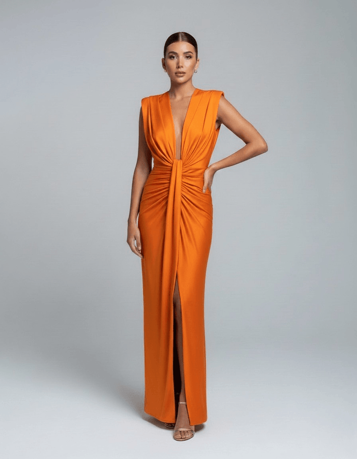 Women's Wedding Guest Sleeveless Plunging Maxi Dress