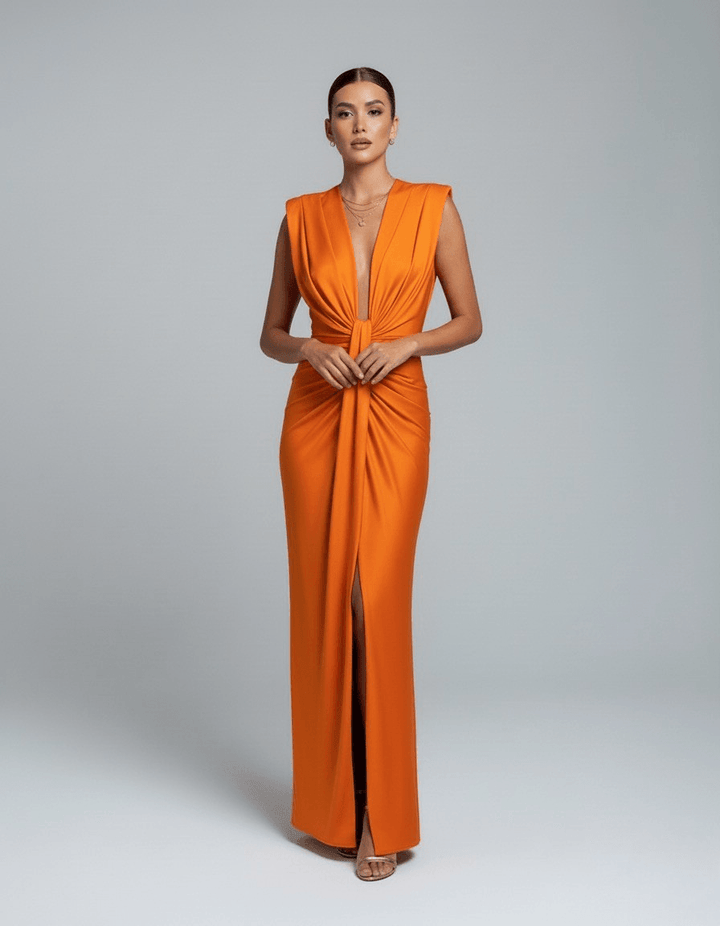Women's Wedding Guest Sleeveless Plunging Maxi Dress