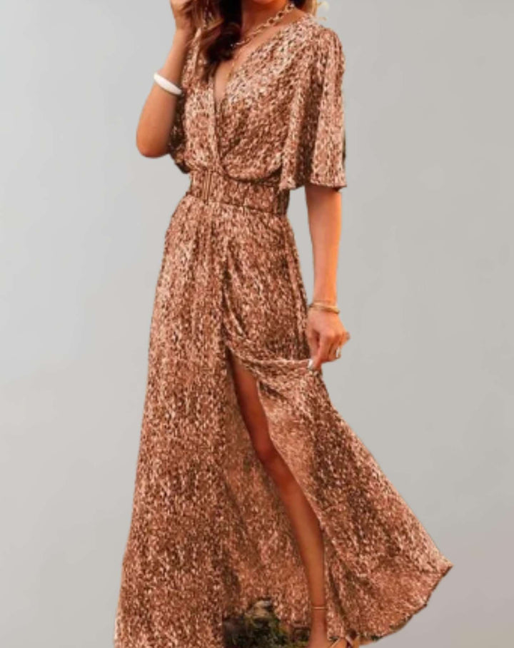 Women's Wedding Guest Printed V Neck Maxi Dress With Slit