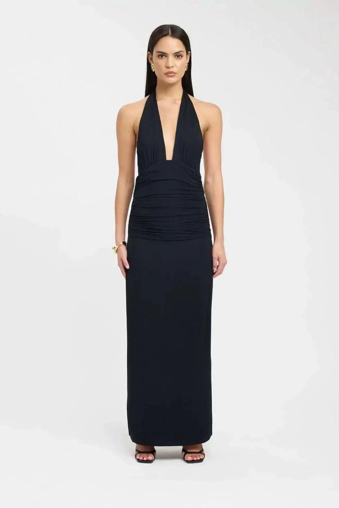 Women's Formal Halter Plunge Ruched Maxi Dress