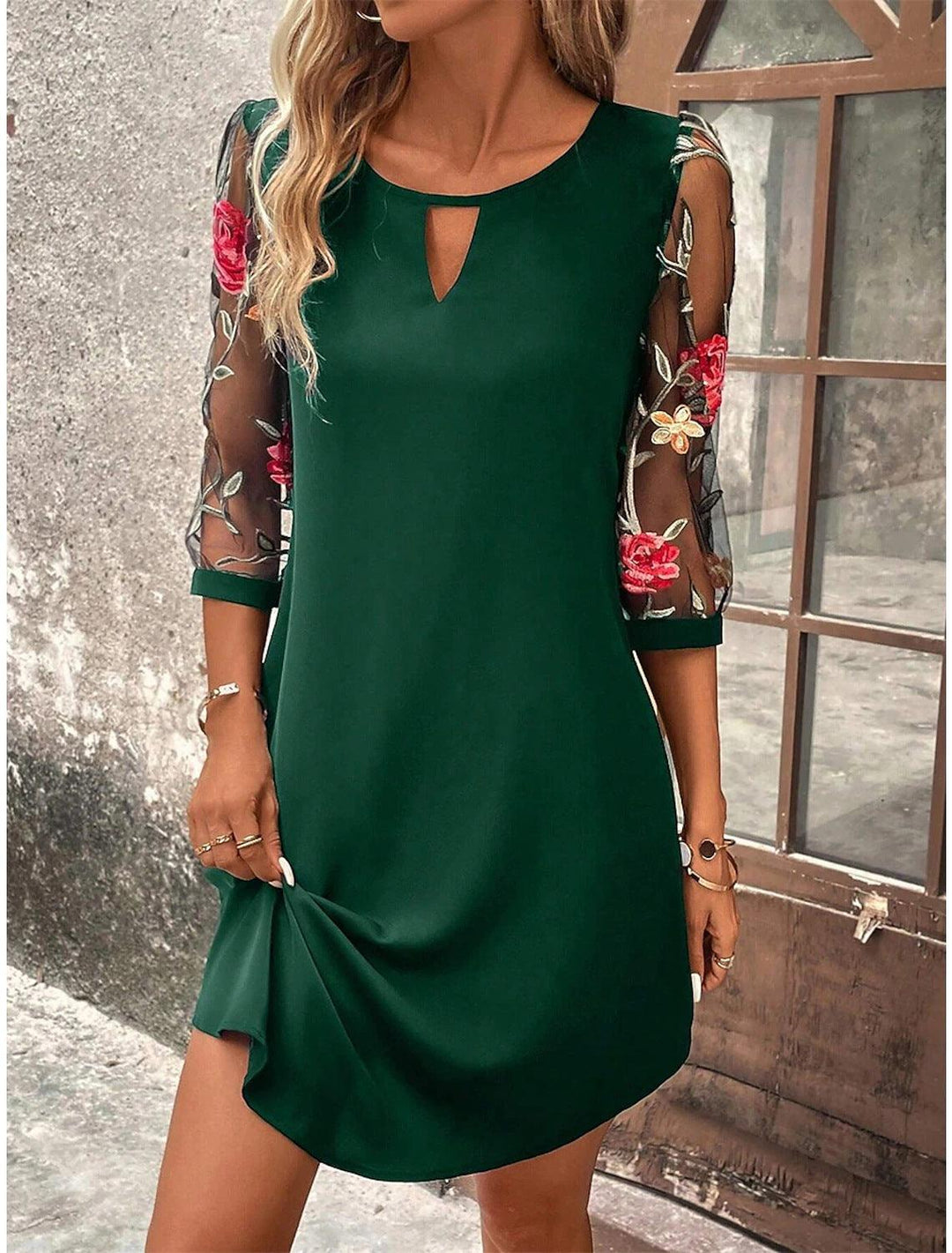 Women's Cocktail Mini Keyhole 3/4 Sleeve Shift Dress