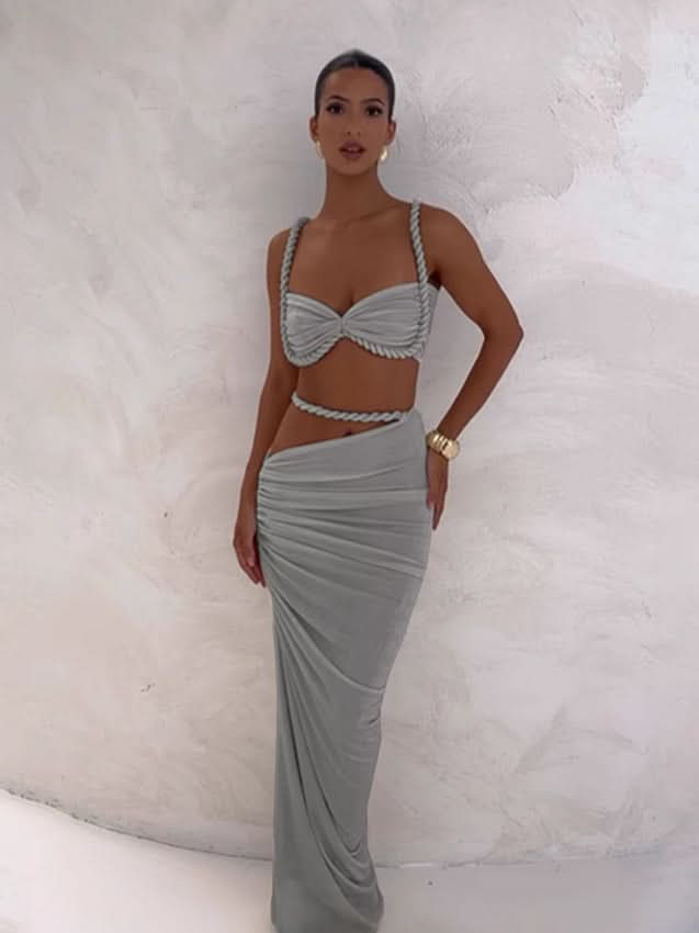 Women's Cocktail Ruched Cutout Maxi Dress Two Piece Set