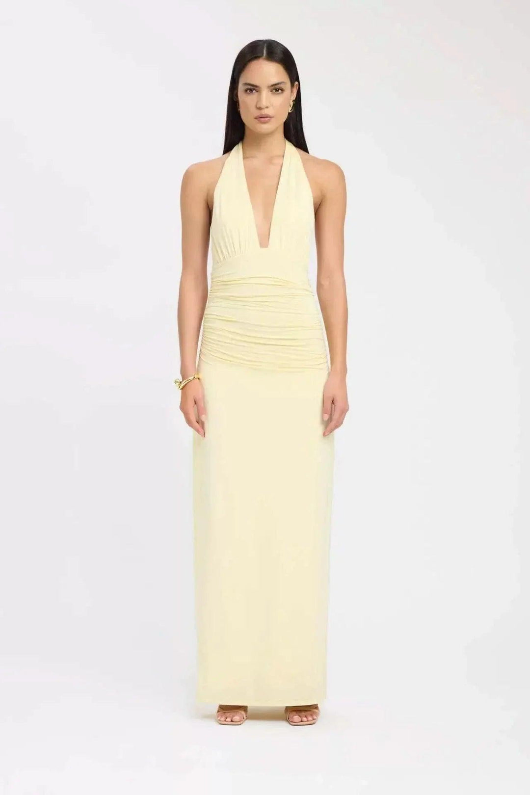 Women's Formal Halter Plunge Ruched Maxi Dress