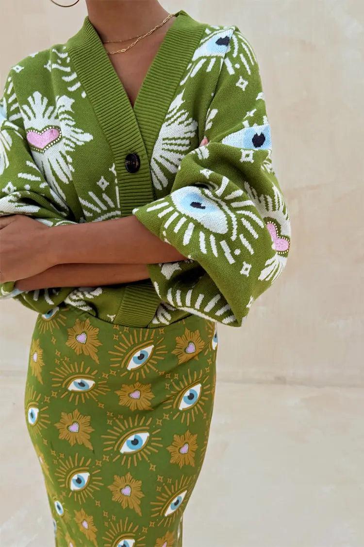 Women's Eye Print V Neck Knit Cardigan and Midi Skirt Set