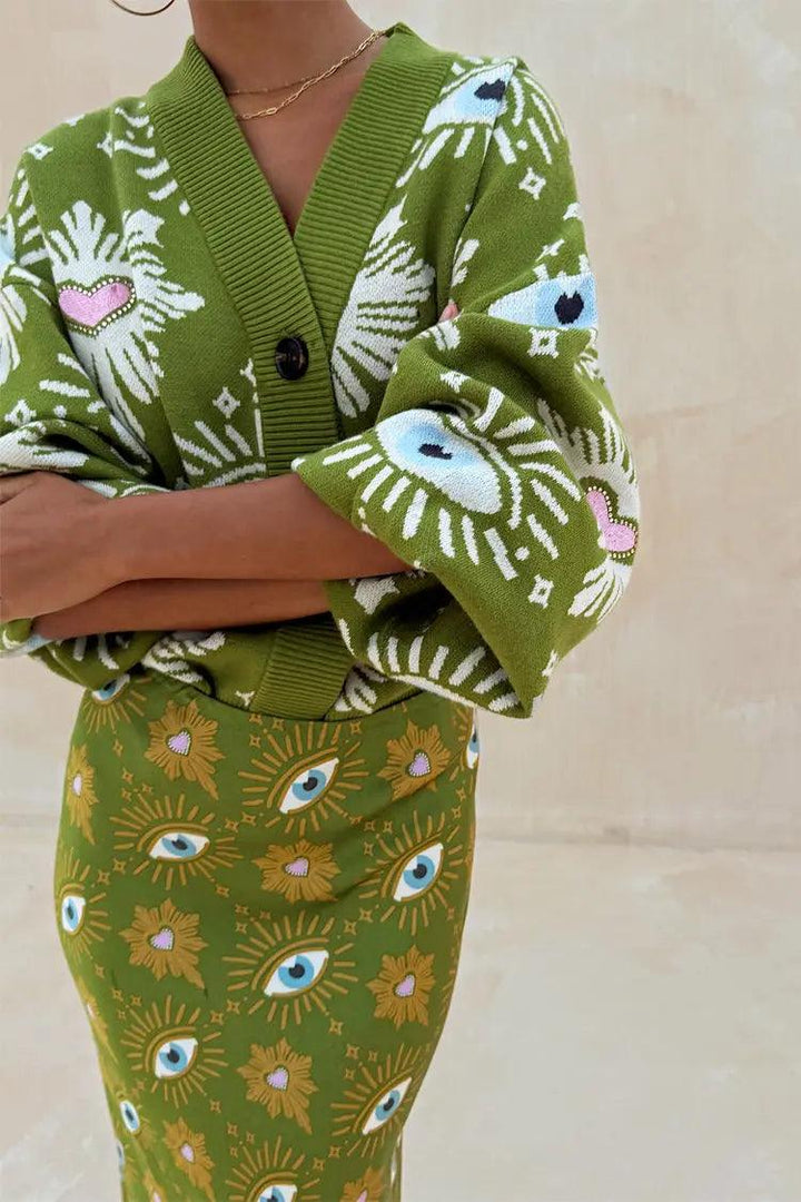 Women's Eye Print V Neck Knit Cardigan and Midi Skirt Set