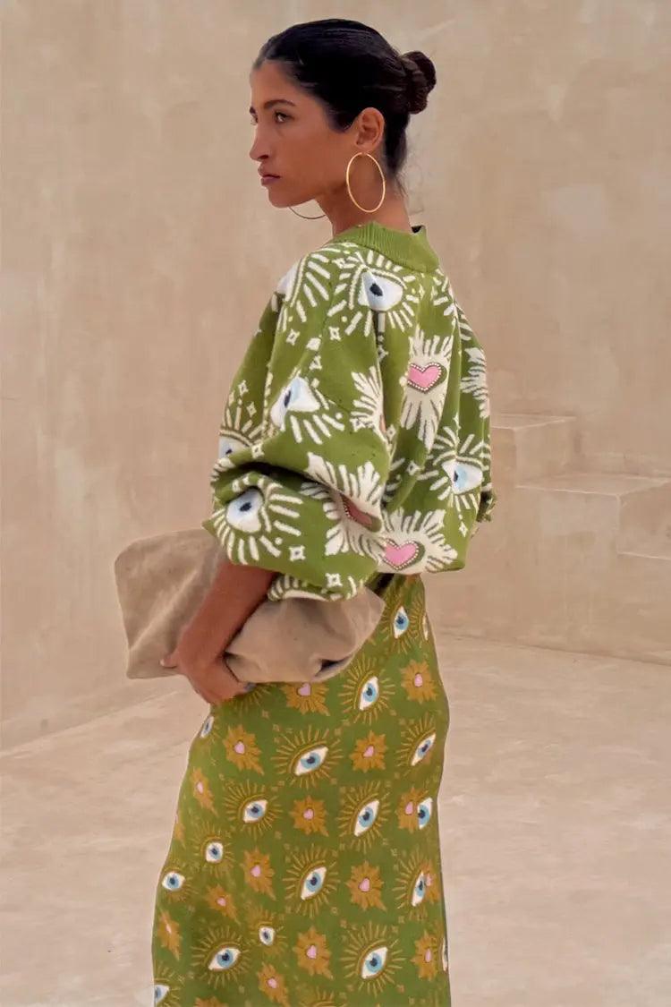 Women's Eye Print V Neck Knit Cardigan and Midi Skirt Set