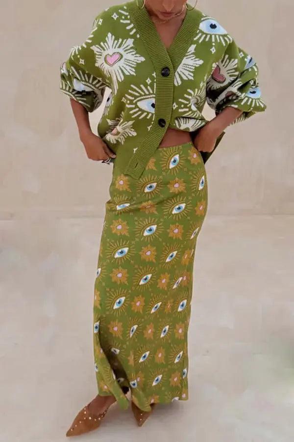 Women's Eye Print V Neck Knit Cardigan and Midi Skirt Set