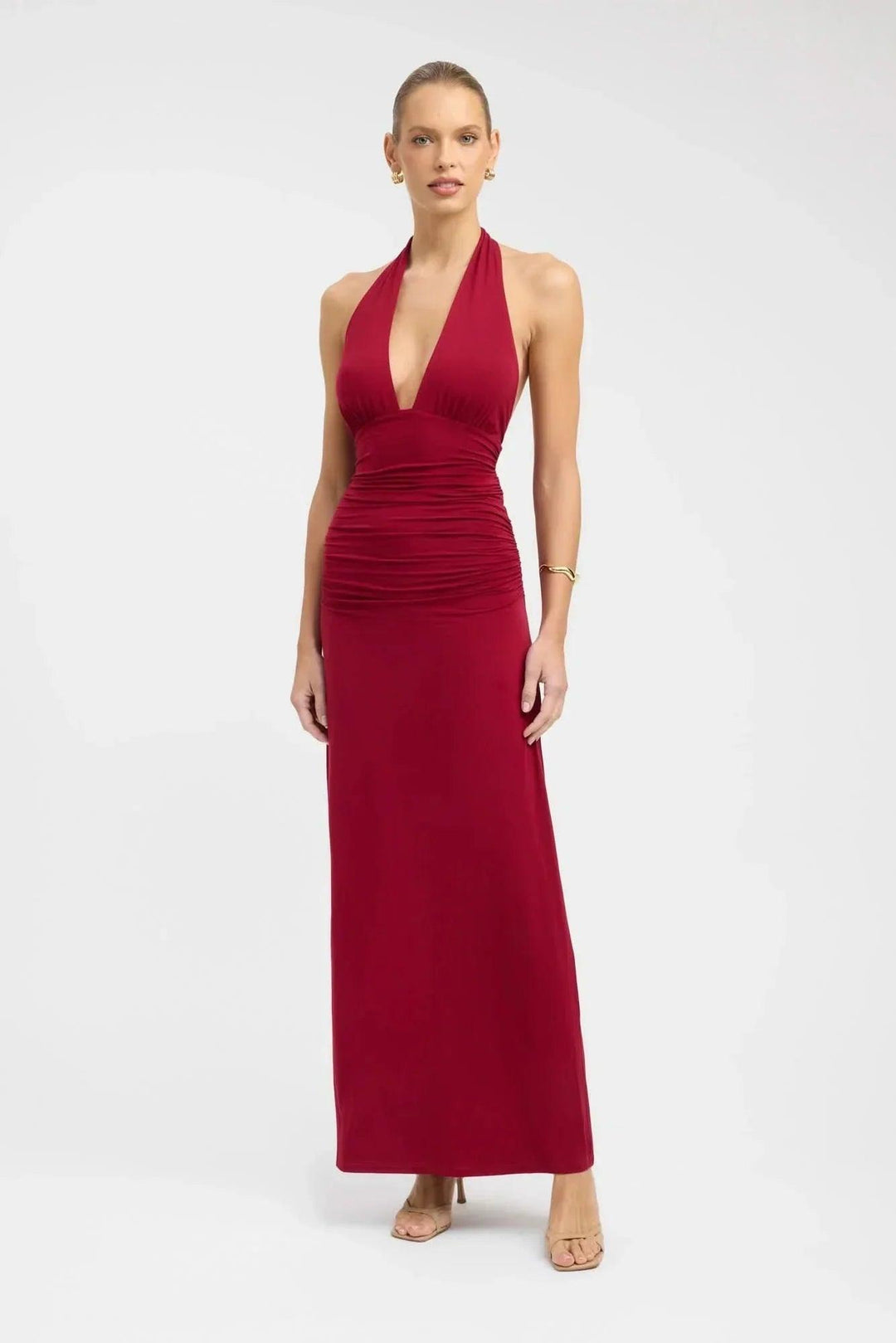 Women's Formal Halter Plunge Ruched Maxi Dress