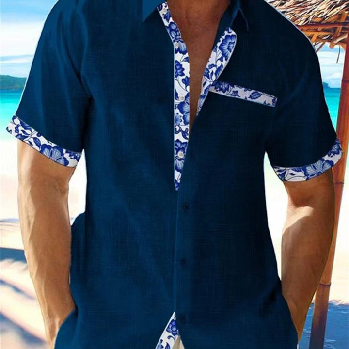 Leon  | Men's Linen Short Sleeve Summer Shirt with Floral Trim