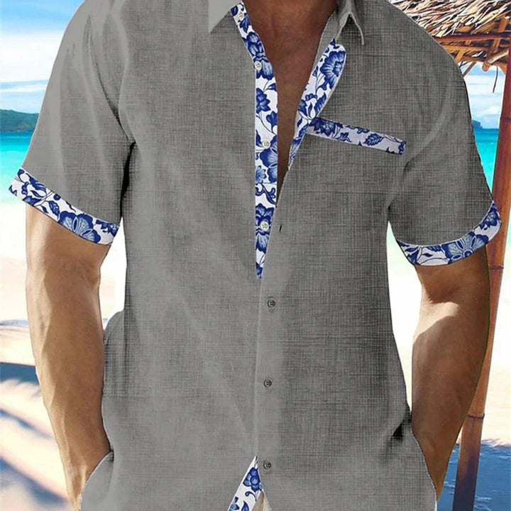 Leon  | Men's Linen Short Sleeve Summer Shirt with Floral Trim