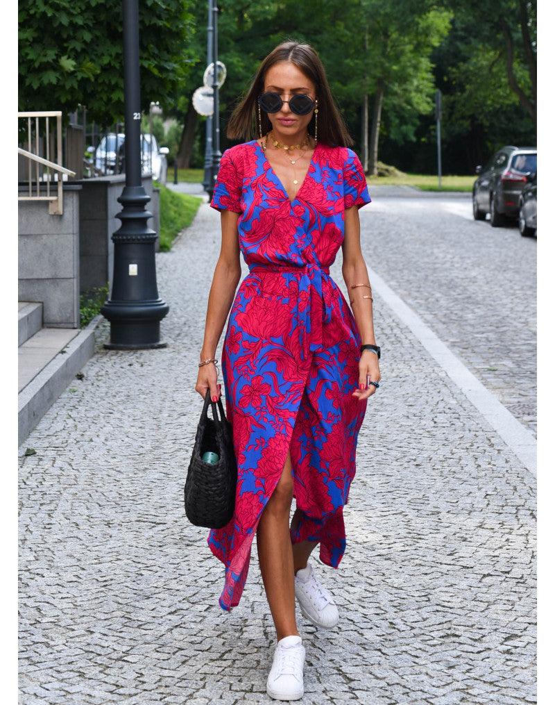 Women's Wedding Guest Floral V Neck Midi Wrap Dress