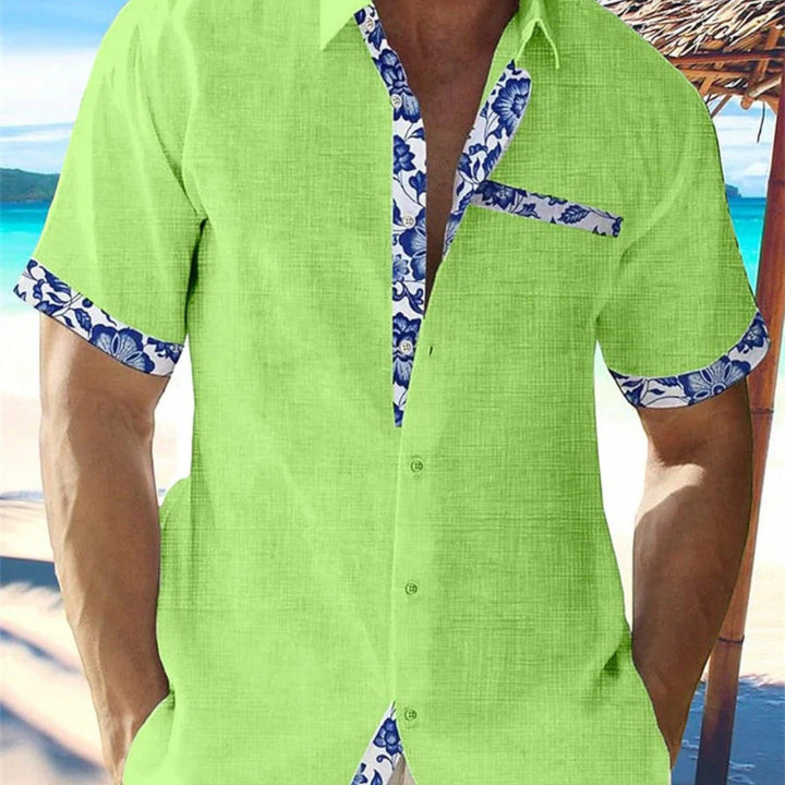 Leon  | Men's Linen Short Sleeve Summer Shirt with Floral Trim