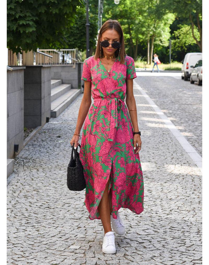 Women's Wedding Guest Floral V Neck Midi Wrap Dress