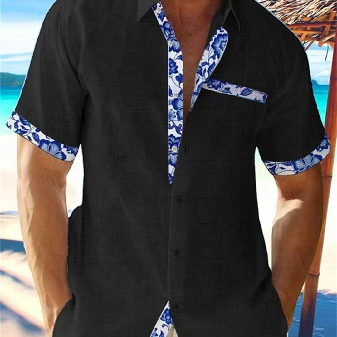 Leon  | Men's Linen Short Sleeve Summer Shirt with Floral Trim