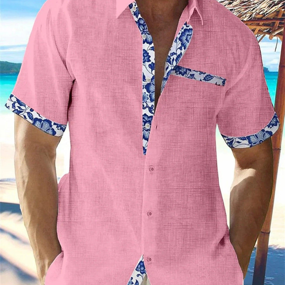 Leon  | Men's Linen Short Sleeve Summer Shirt with Floral Trim