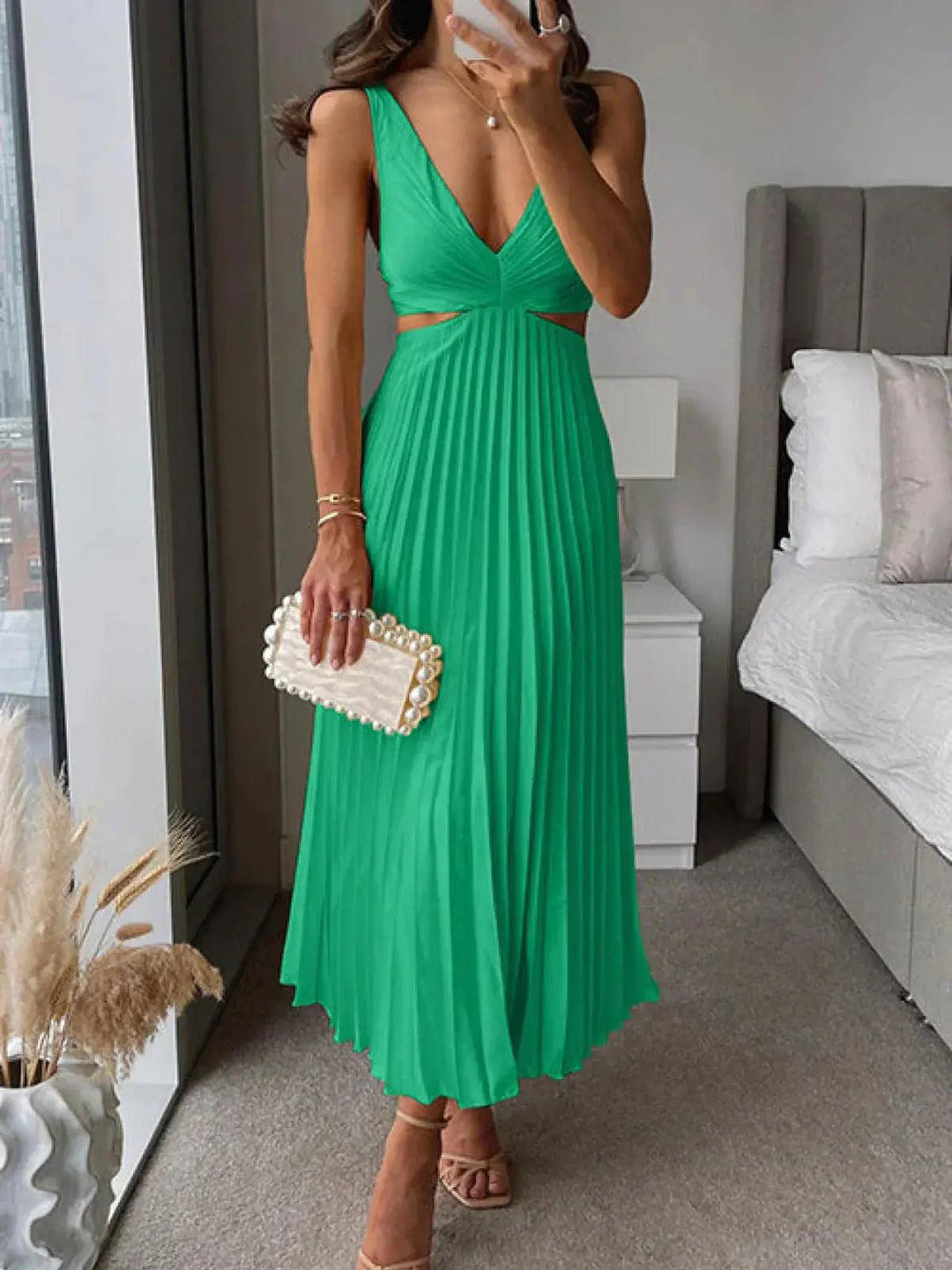 Women's Wedding Guest Pleated V Neck Cutout Midi Dress