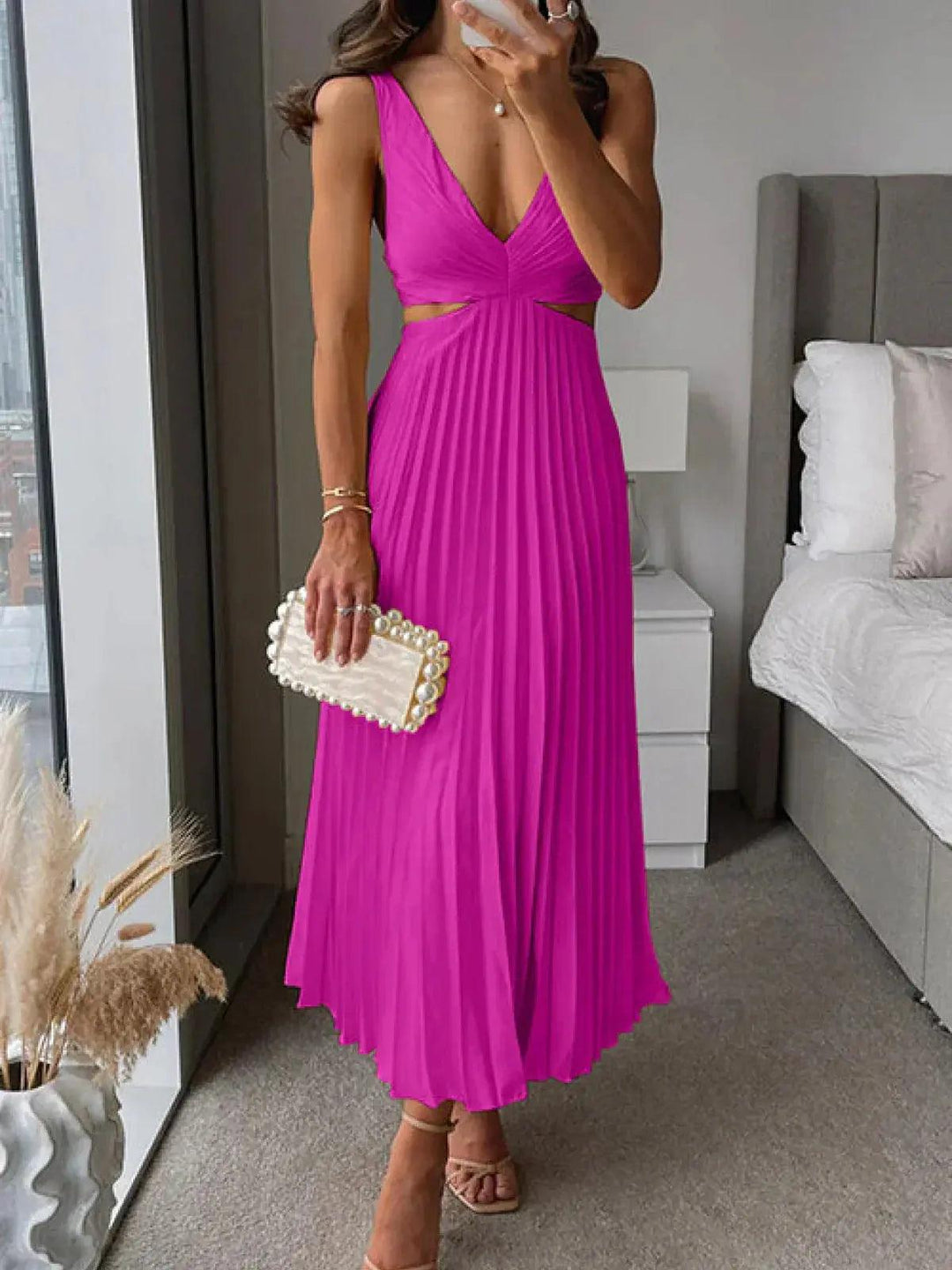 Women's Wedding Guest Pleated V Neck Cutout Midi Dress