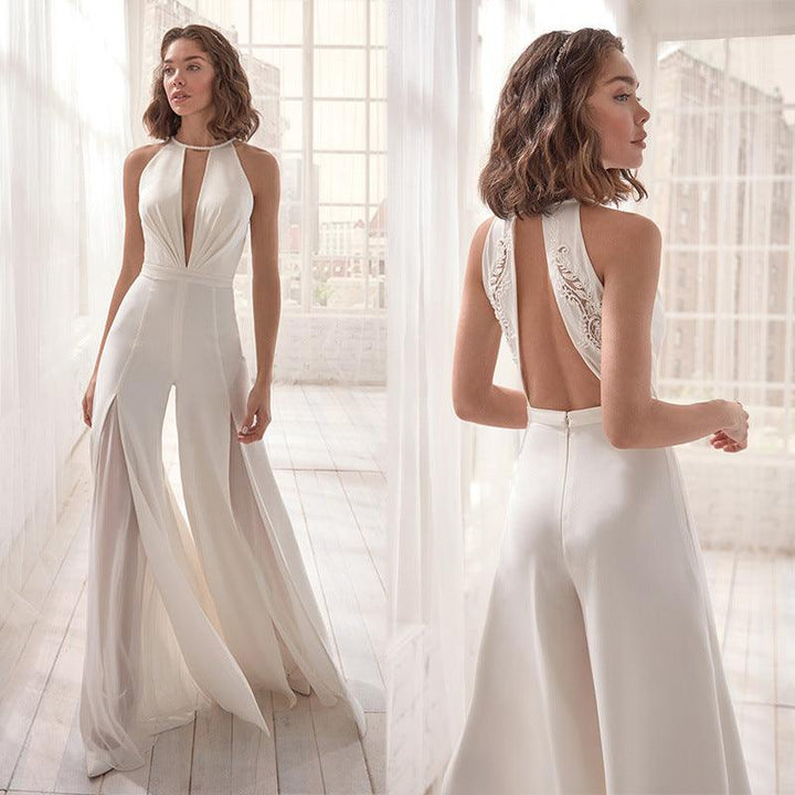 Women's Wedding Guest Halter V Neck Wide Leg Jumpsuit