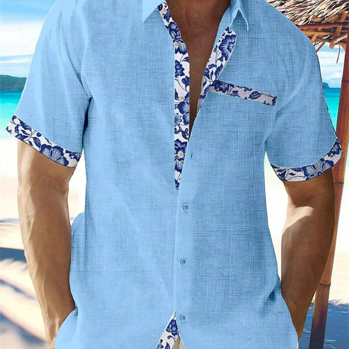 Leon  | Men's Linen Short Sleeve Summer Shirt with Floral Trim