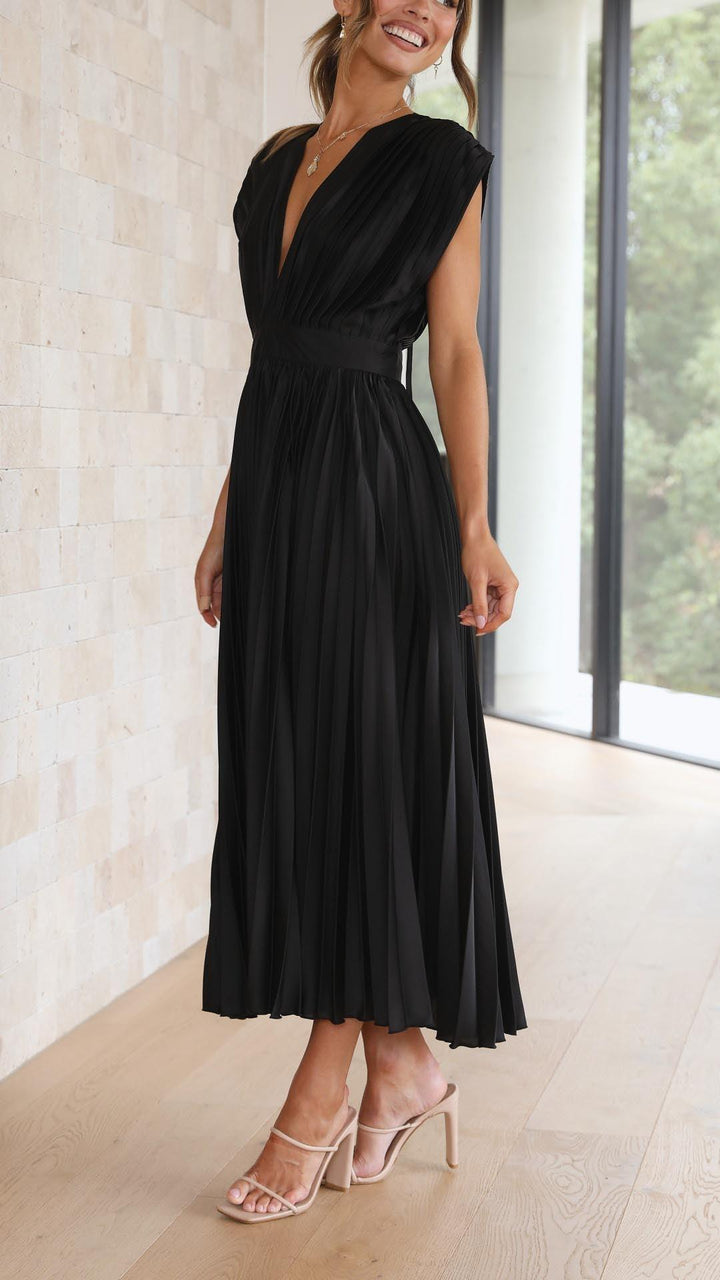 Women's Wedding Guest Pleated V Neck Midi Dress