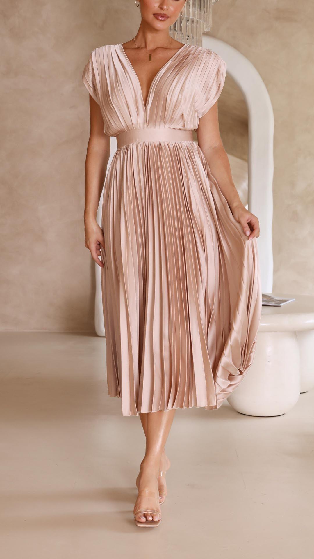 Women's Wedding Guest Pleated V Neck Midi Dress