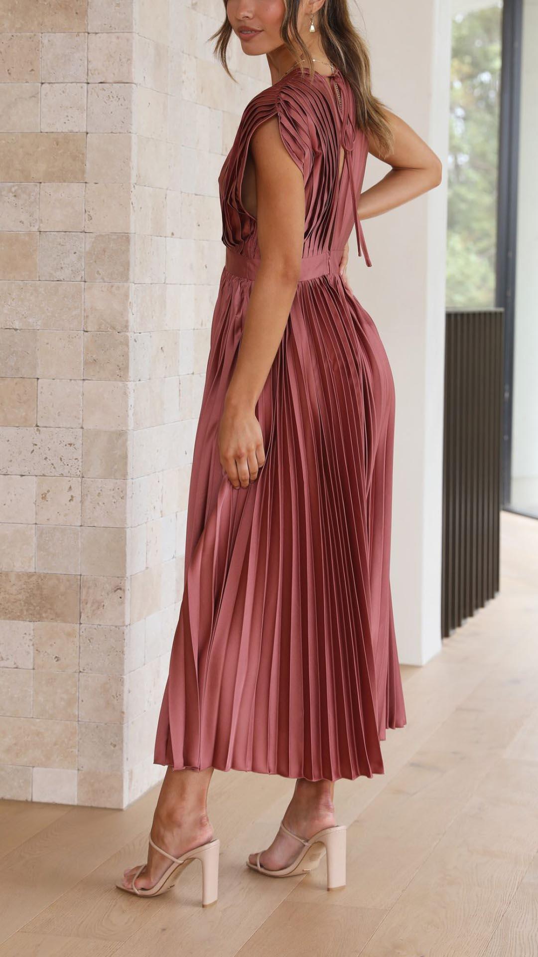 Women's Wedding Guest Pleated V Neck Midi Dress