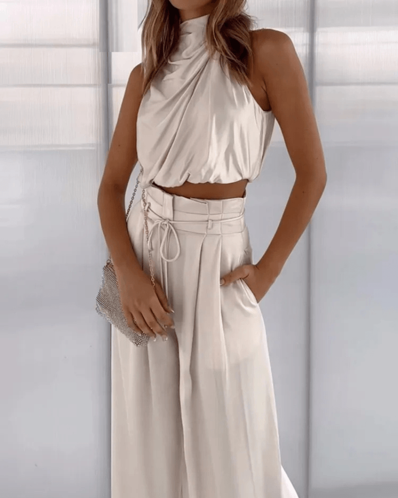 Women's Cocktail Sleeveless Halter Wide Leg Pants Set