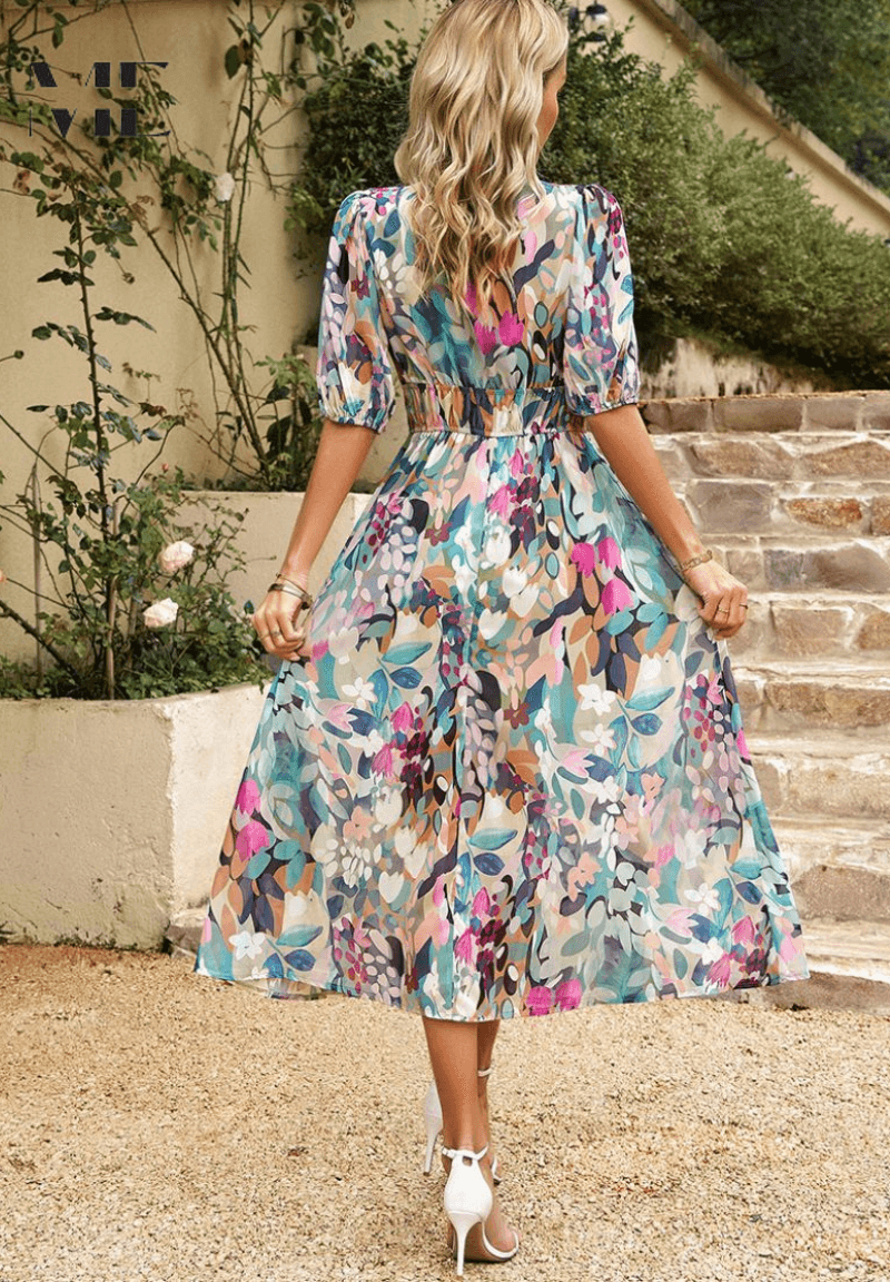 Women's Wedding Guest Floral V Neck Midi Dress