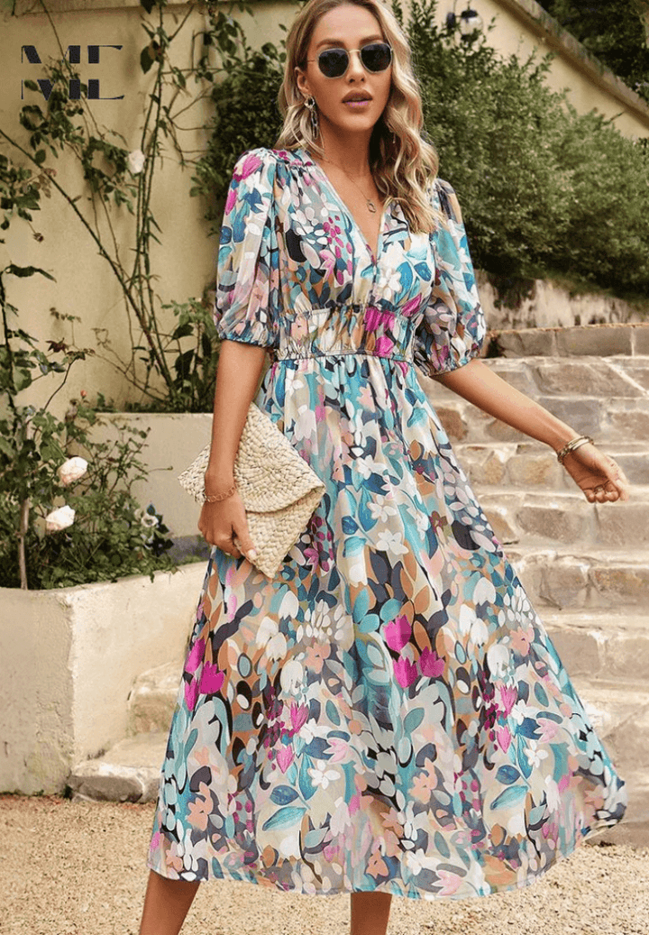 Women's Wedding Guest Floral V Neck Midi Dress