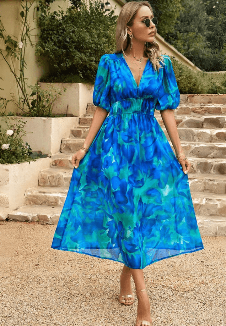 Women's Wedding Guest Floral V Neck Midi Dress
