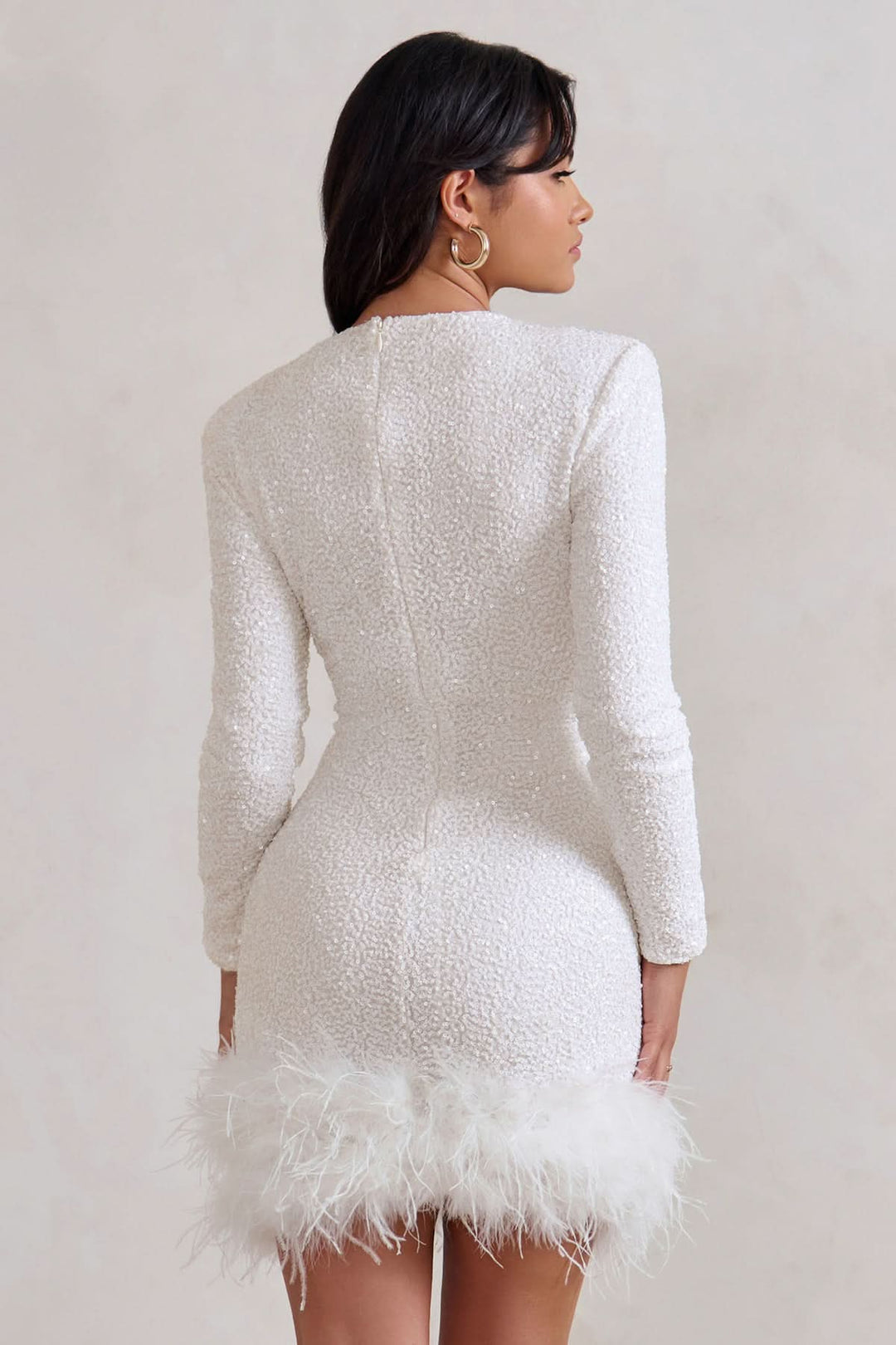 Women's Cocktail Sequin Long Sleeve Feather Hem Mini Dress