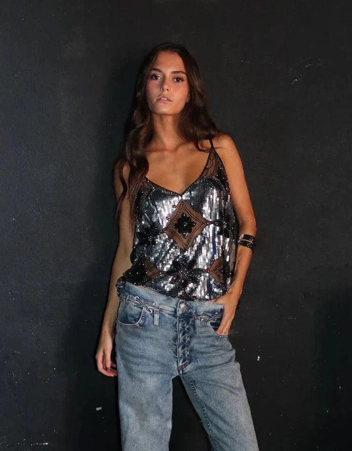 Anise | Women’s Sparkly Sleeveless V Neck Sequin Top