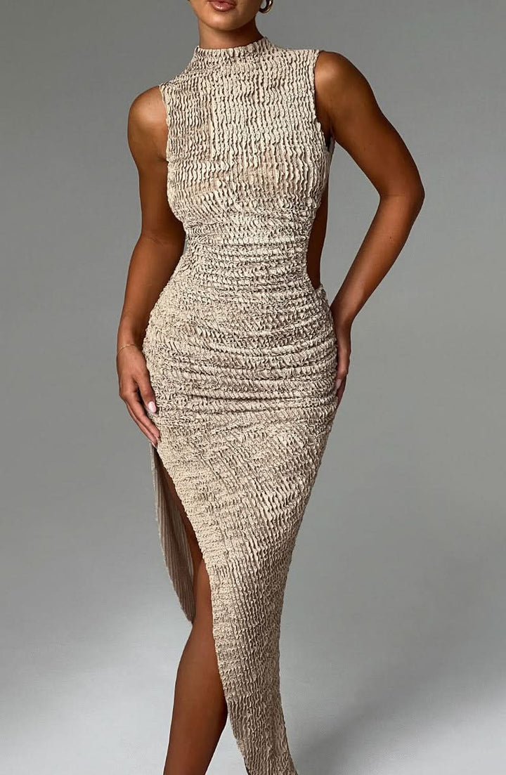 Women's Cocktail Ruched High Neck Midi Dress with Slit