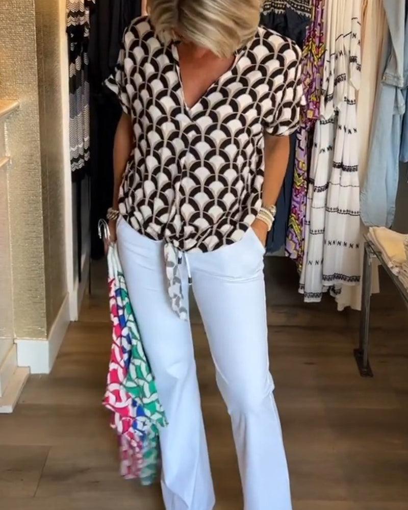 Arleen | Women’s V Neck Geometric Pattern Blouse