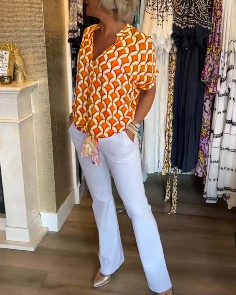 Arleen | Women’s V Neck Geometric Pattern Blouse