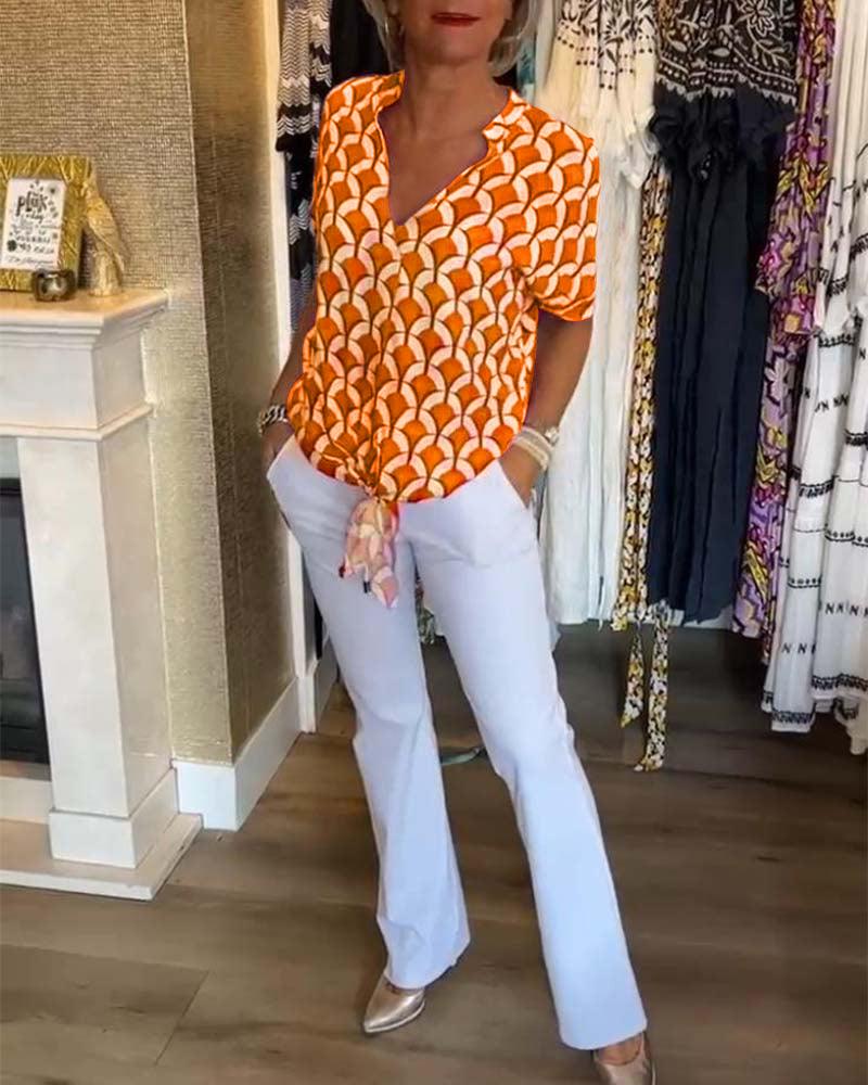 Arleen | Women’s V Neck Geometric Pattern Blouse