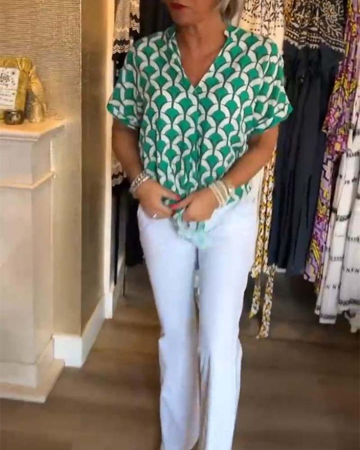 Arleen | Women’s V Neck Geometric Pattern Blouse