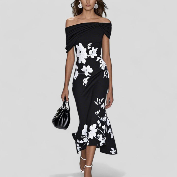 Women's Wedding Guest Floral Off Shoulder Midi Dress