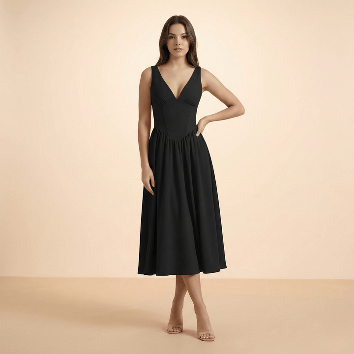Women's Wedding Guest Deep V Neck Midi A Line Dress