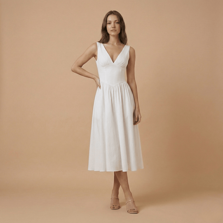 Women's Wedding Guest Deep V Neck Midi A Line Dress