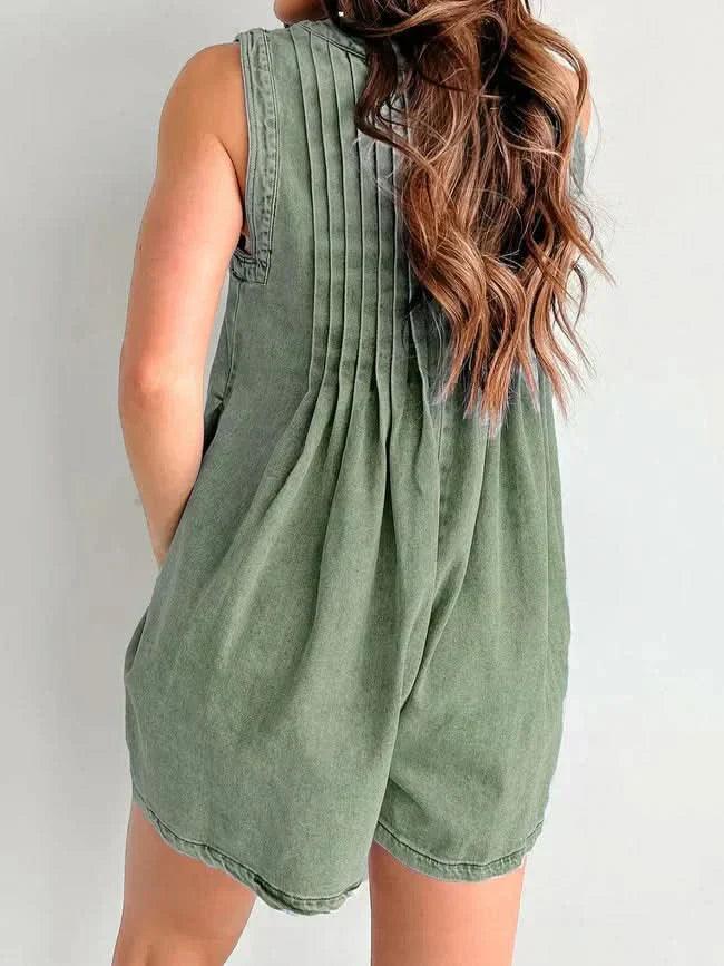 Women's Summer V Neck Sleeveless Denim Romper With Pockets