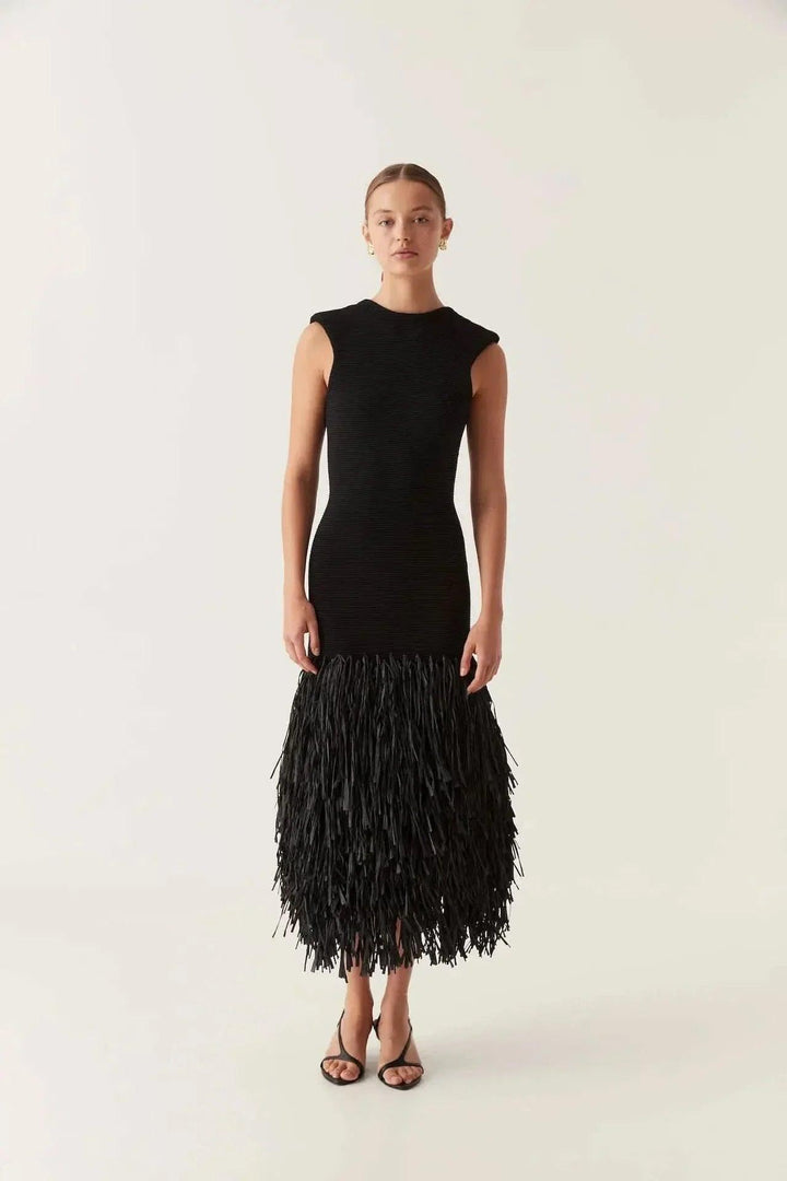 Women's Cocktail Sleeveless Fringe Midi Dress